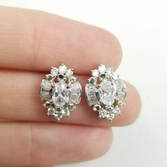 Vintage Sterling Silver CZ Cluster Stud Earrings, Sparkly Rhinestone Estate - Picture 7 of 7